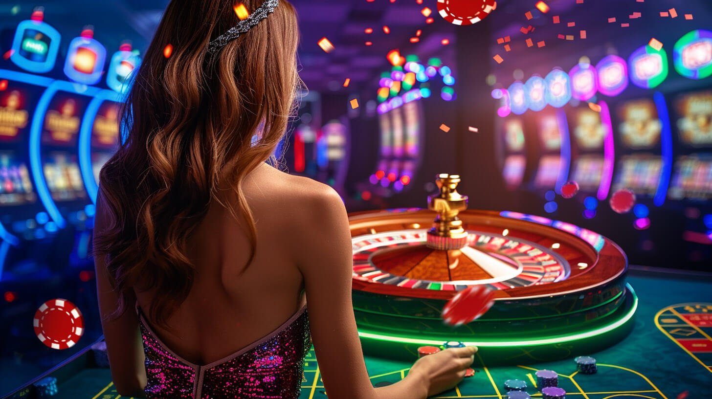 Hasil putaran roulette dengan bola di slot pemenang ditampilkan di layar